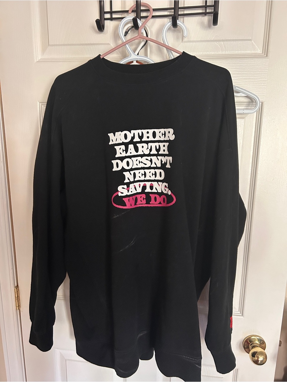 Black Graphic Crewneck Sweater with Pink Accent